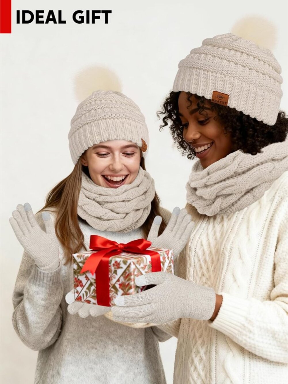 Winter Warm Knitted Sets Beanie Pompom Hat Scarves Winter Touchscreen Gloves Sca - Picture 5 of 6